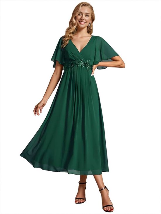 02093 Cocktailjurk voor dames, V-hals, A-lijn, elastisch, hoge taille, bruiloft, gast, avondfeest, maxi-jurk