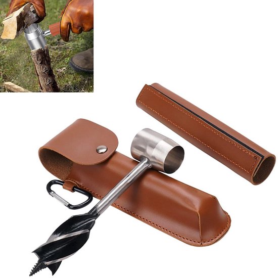 1-delige set handboorset voor overleven in de wildernis - draagbaar ontwerp met leren etui - handboor voor kamperen en buitenactiviteiten - rugzakboor voor op reis - 38*26*168 mm - geschikt voor kamperen, overleven in de wildernis, reizen - bruin.