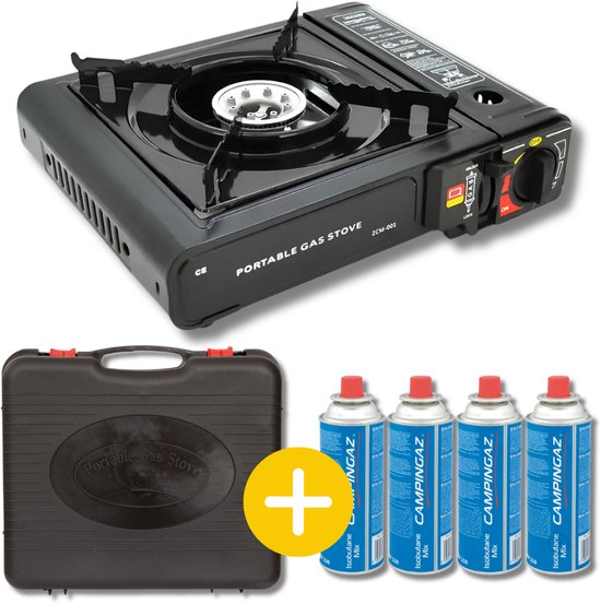 #1 Draagbaar 1-Pits Camping Gasstel – Inclusief 4 Gasflessen & Luxe Draagkoffer – Krachtig, Compact & Veilig van Merkloos