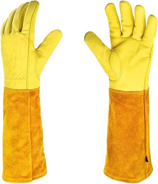 1 paar tuinhandschoenen - Snijbestendige handschoenen - Snijbestendig materiaal - Geschikt voor het snoeien van rozen/bramen - Lange onderarmbescherming - Snij- en prikbestendige lange leren tuinhandschoenen - Unisex - Geel - Maat L
