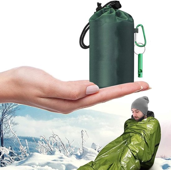 1-pack - Noodslaapzak - Waterdichte noodslaapzak - Folie-warmzak - Draagbare warmzak - Inclusief overlevingsfluitje en karabijnhaak - Geschikt voor kamperen, wandelen, outdooravonturen, enz. - 210*150 cm - Donkergroen