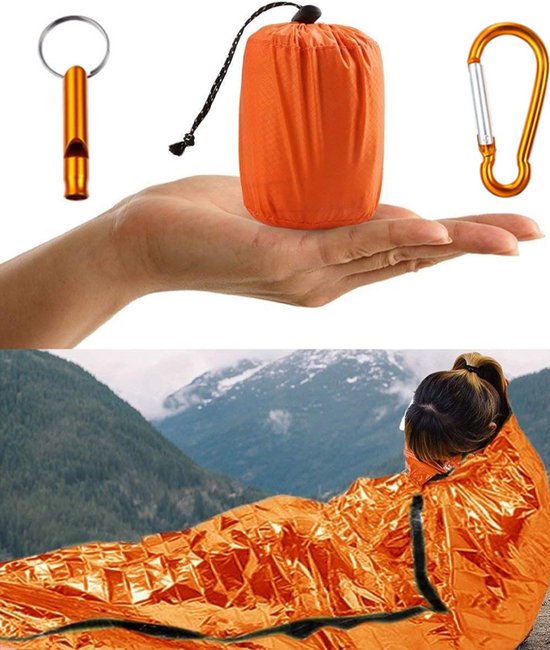 1-pack - Noodslaapzak - Waterdichte noodslaapzak - Folie-warmzak - Draagbare warmzak - Inclusief overlevingsfluitje en karabijnhaak - Geschikt voor kamperen, wandelen, outdooravonturen, enz. - 210*150 cm - Oranje