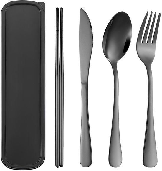 1 set Reisbestek , draagbare bestekset voor op het werk, herbruikbare reisbestekset van roestvrij staal, vork- en lepelset voor kamperen en picknicken, gadgets - zwart