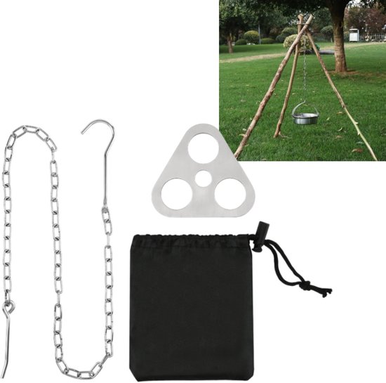 1 set - Roestvrijstalen kampvuurstatief - Geschikt om aan boomtakken in de natuur te hangen - Steun voor kookgerei - Outdoor kampeeraccessoires - 105 cm - Voor kampvuurplaatsen, buitenovens, het ophangen van kookgerei en koken - Zilver