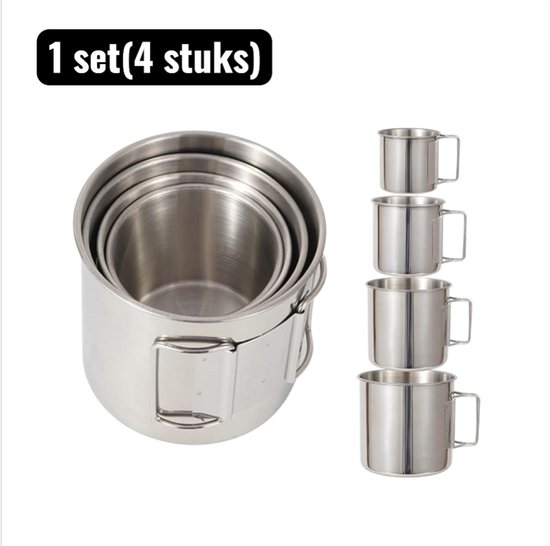 1 set(4 stuks) - Campingservies - 304 RVS Camping Mok - Temperatuurvaste Drinkbeker voor Koffie & Thee - Geschikt voor Kampvuur, Inductie en Reis - Zilver