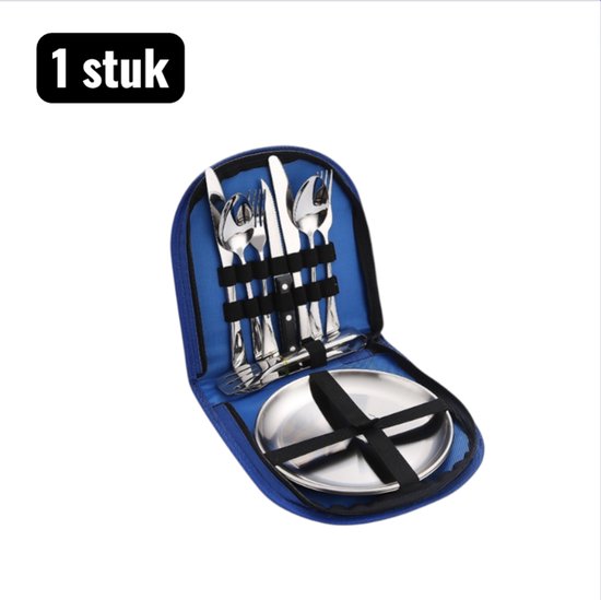 1 stuk - Campingkooksets - RVS Buitengerei Set – Lichtgewicht Camping Bestek voor 2 Persoon – Inclusief Mes, Vork, Lepel en Handige Opbergclip – Perfect voor Picknick en Reizen - Blauwe tas