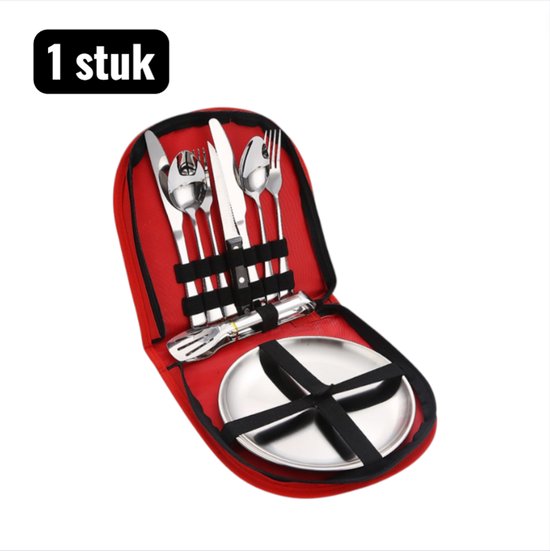 1 stuk - Campingkooksets - RVS Buitengerei Set – Lichtgewicht Camping Bestek voor 2 Persoon – Inclusief Mes, Vork, Lepel en Handige Opbergclip – Perfect voor Picknick en Reizen - Rode tas