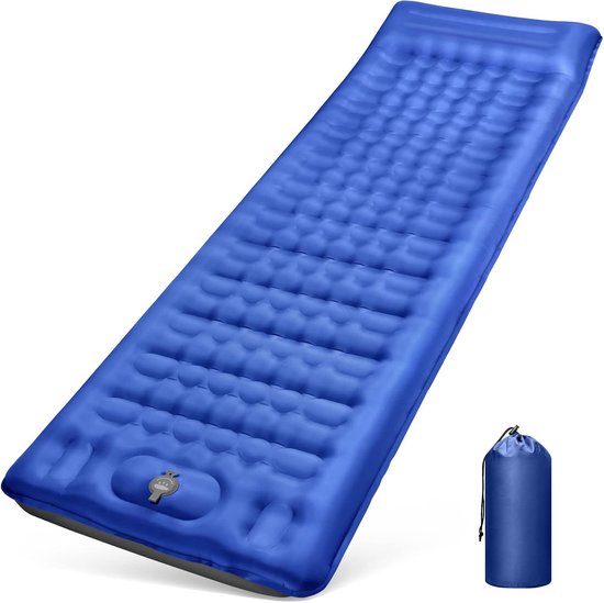1 stuk kampeerslaapmat, zelfopblazend, 12 cm dik opblaasbaar matras, klein pakformaat, waterdicht luchtbed voor buiten met voetpomp en kussen, anti-ripstop slaapmat voor wandelen, blauw,195*66*12cm van Merkloos
