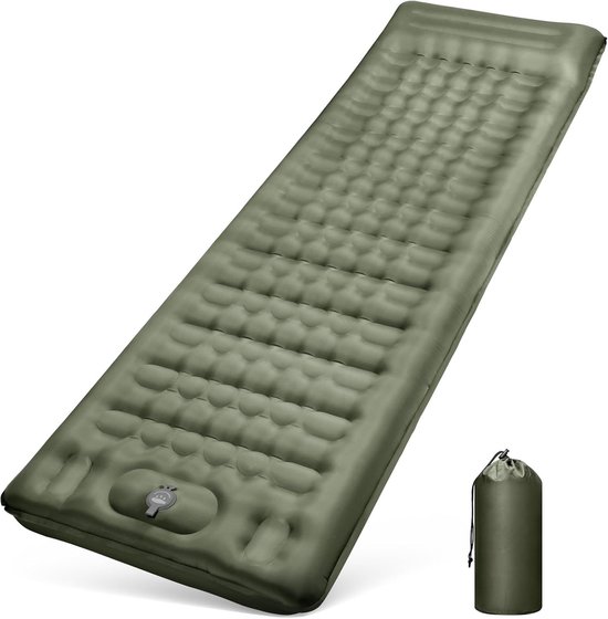 1 stuk kampeerslaapmat, zelfopblazend, 12 cm dik opblaasbaar matras, klein pakformaat, waterdicht luchtbed voor buiten met voetpomp en kussen, anti-ripstop slaapmat voor wandelen, donkergroen,195*66*12cm van Merkloos