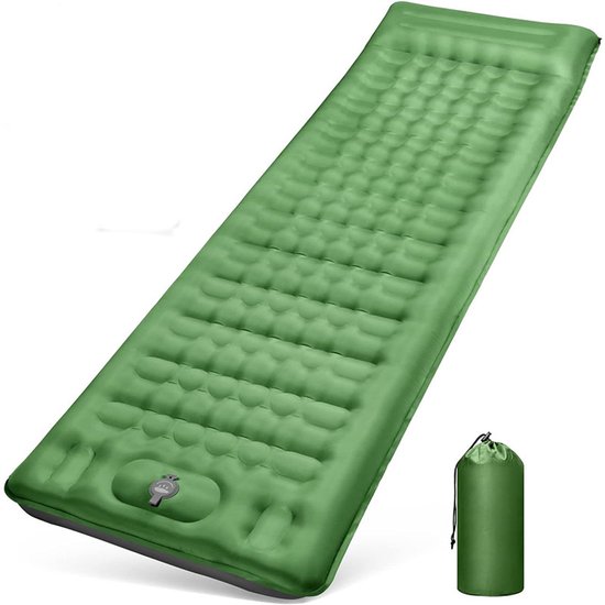 1 stuk kampeerslaapmat, zelfopblazend, 12 cm dik opblaasbaar matras, klein pakformaat, waterdicht luchtbed voor buiten met voetpomp en kussen, anti-ripstop slaapmat voor wandelen, groen,195*66*12cm van Merkloos