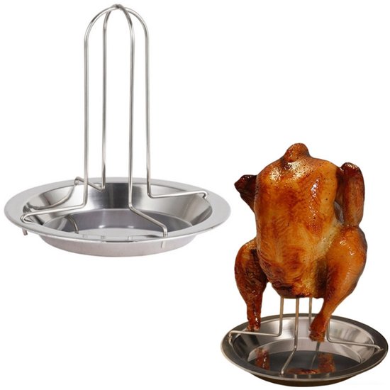 1 stuk - Kippengrill - Kippengrillbak van roestvrij staal - Verticale grillstandaard - Opvouwbare kippengrill - Met lekbak - Zilver - 16,5*16,5*17 cm - Geschikt voor thuis en op de camping