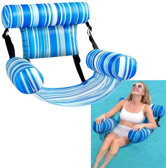 1 stuk - Opblaasbare zwembadmat - Waterhangmat - Opblaasbare drijfstoel - Drijvende loungestoel - Opblaasbaar drijfvlot - Met rugleuning - Inclusief luchtpomp - Blauw - voor zomerfeesten, meren en stranden - Ideaal voor feestjes en de zomer
