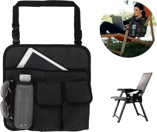 1 stuk(zwart)Stoel Armleuning Organisator - Waterdicht - Strandstoel - Hangend Opbergtasje - Snacktas met 4 Zakken - voor Outdoor Opvouwbare Campingstoel - Caddy Stoel Armsteun Bekerhouder Schouderzijde Draagtas van Merkloos