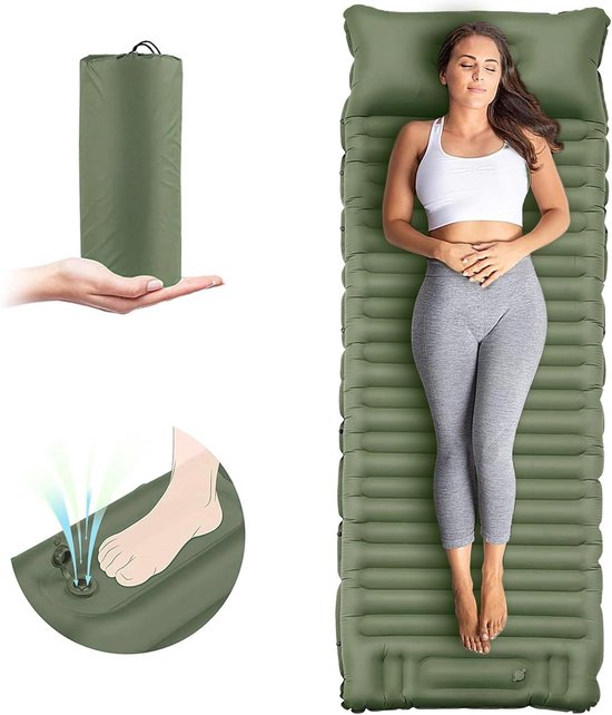 10 cm dikke zelfopblazende slaapmat voor camping - ultralicht luchtmatras voor tent - waterdicht - met voetperspomp - zeer ondersteunend - groen van Merkloos