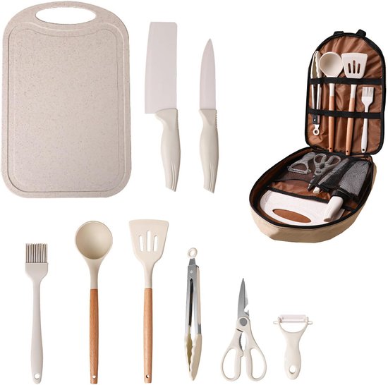 10-delige Campingbestek - Camping keukenset - Opbergtas voor keukengerei - Kampeer accessoire - Draagbaar - Compact opbergen - Polyester ‑ 39,5×27 Cm - Geschikt voor kamperen, wandelen, picknicks, buitenreizen en tuinactiviteiten - Beige