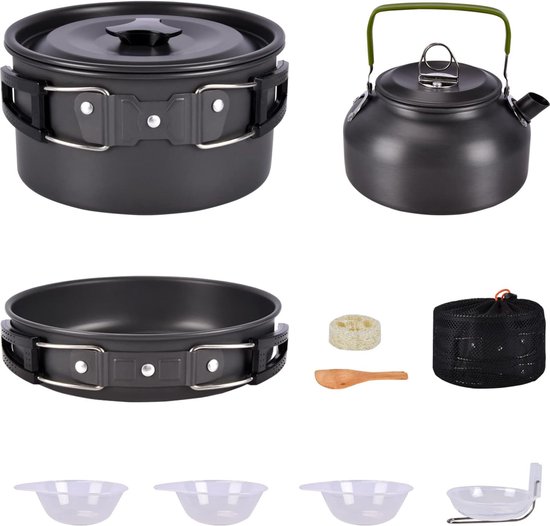 10-delige pannenset, picknickpotten, campingpannenset, draagbare campingwaterkoker, kookuitrusting voor wandelen, backpacken, buiten en grillen (2-3 personen)
