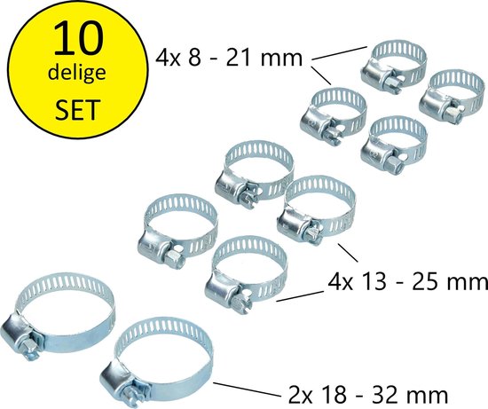 10 Delige Slangklemmen set 3 maten - Klemmen Set voor om de Tuinslang Afvoerslang of Doucheslang Verschillende Formaten - Slang Koppeling Klem van Merkloos