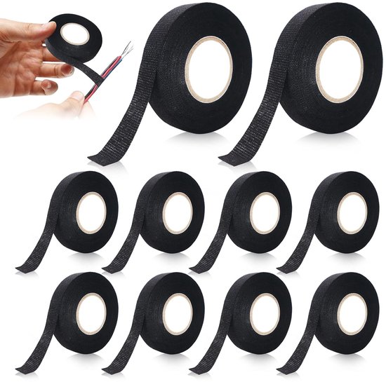 10 stuks kabelboom plakband, 19 mm x 15 m isolatietape voor kabelbundels textieltape, stoffen plakband, zelfklevend zwart, voor auto, huishouden, elektrisch