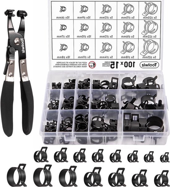 100 Stuks 6-25mm Veer Slangklemmen met Draaibare Slangklem, Assortiment voor Brandstofleidingen, Vacuümslangen en Siliconeslangen, Water- en Luchtbuizen