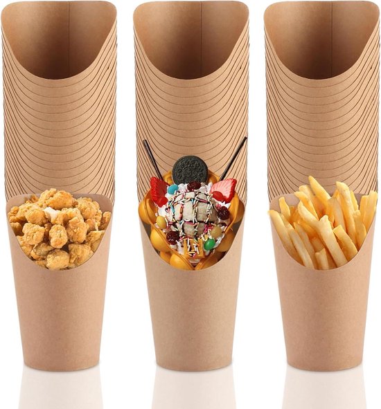 100 stuks Kraftpapier Bekers 12 oz - Frietjes Houder Papier Bruin - Snacker-papieren Bekers voor wafels, friet, popcorn, ijs - Fruitspiesen - Alle feestjes van 100%