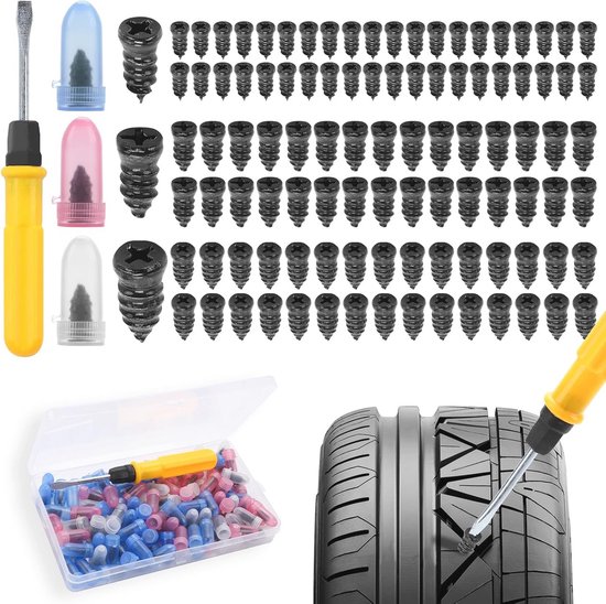 100 Stuks Reparatieset voor Motorbanden - Inclusief Bandenlont, Schroevendraaier en Rubber Spijkers