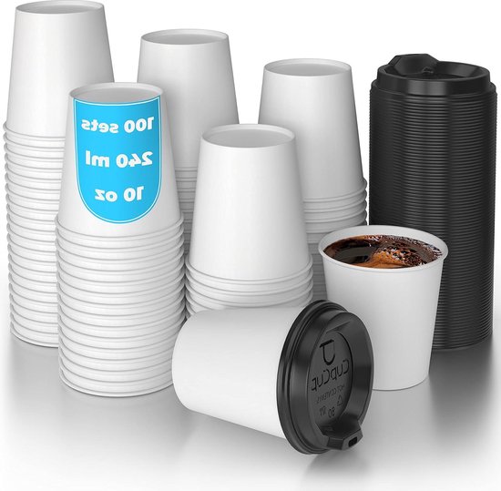 100 witte papieren bekers met deksel 240 ml voor koffie to go - wegwerpbekers van karton van Merkloos
