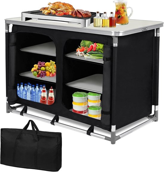 100x50x80cm Campingkeuken, Inklapbare Campingkast, Opvouwbaar Outdoor Keuken, Keukentafel met Werkbladen, Aluminium Keukenkast Set incl. Draagtas, NAIZY