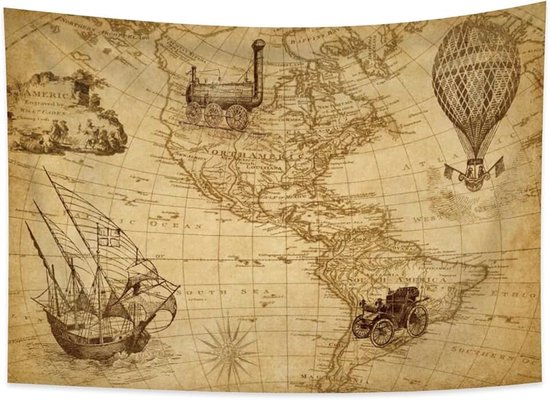 100x70cm Wereldkaart Tapijtwerk wandkleden, Amerikaans continent Industrieel tijdperk Uitvinding Deken voor kamer Oude eeuw Avontuur Historische ontdekking voor school Klas kamer Slaapzaal