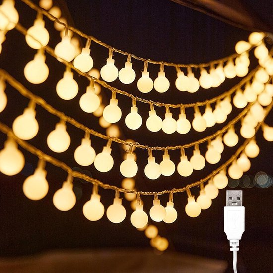 10M Camping Lichtsnoer - 80LEDs - Lichtketting - Tentlamp - USB Oplaadbaar - LED Bolverlichting - Lichtsnoer buiten - Kampeerlamp - Voor Bruiloften, Feesten, Balkondecoratie, Kamperen, Binnen en Buitengebruik - Warm Wit Licht