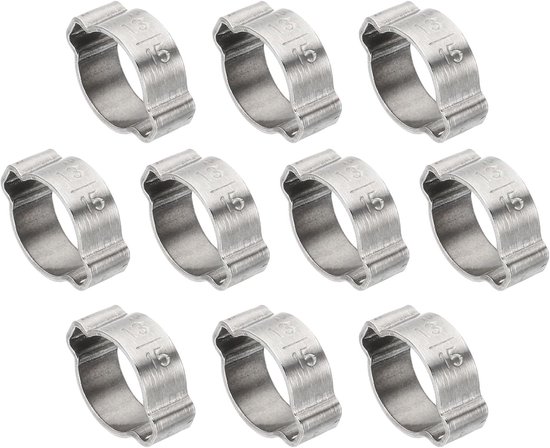 10pcs 13-15mm Double Ear Hose Clamp - 304 Stainless Steel O-Clip Crimp Rings - Voor Brandstof en Gasleiding Aansluitingen - Zilverkleurig van Merkloos