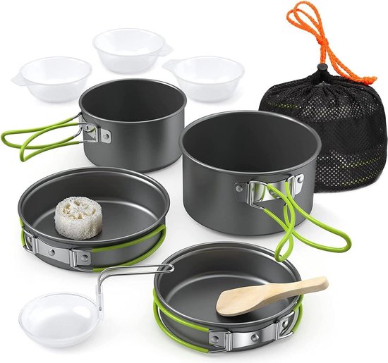 11-delige campingpannenset voor 2-3 personen met opvouwbare lepel en vork - outdoor kookgerei voor wandelen, BBQ en picknick camping pannenset van Odoland