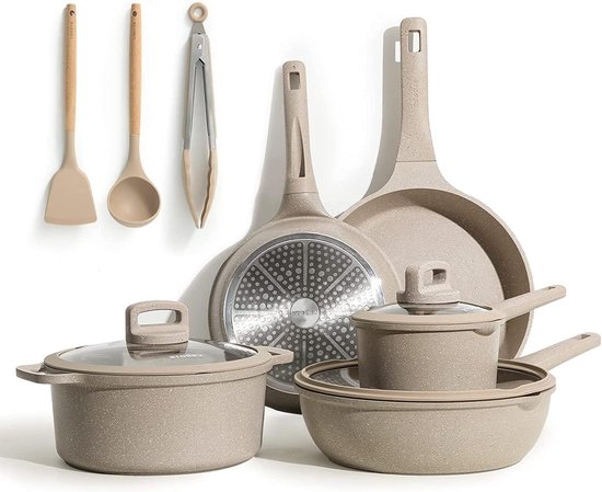 11-delige Pannenset - Braadpannen 24-28cm, Wokpan 28cm, Sauspannen 16-24cm - Siliconen Bestek Steaktang - Niet giftig - Geschikt voor Alle Fornuizen camping pannenset van Tisoware.