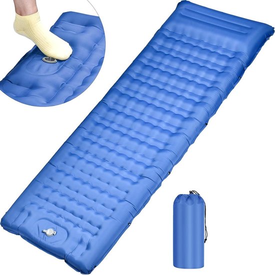 12 cm dik opblaasbaar campingmatras met voetpomp en kussen - zelfopblaasbaar - 1-zits - ultralicht - voor kamperen en wandelen van Merkloos