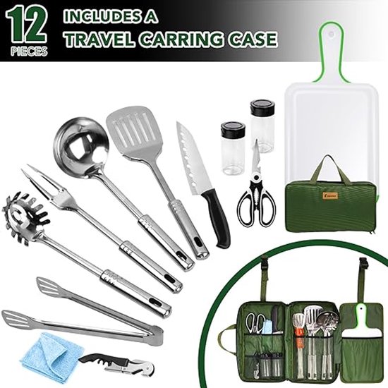 12-delige Camping Keukengerei Set – RVS Outdoor Kookgerei met Bestek, Lepel, Spatel, Tang en Waterdichte Organizer Opbergtas