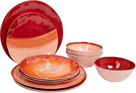 12-delige kampeerserviesset voor 4 personen, melamine, terracotta, rond, glanzend, 27,6 cm borden