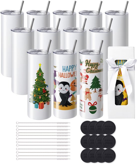 12-Pack -Sublimatie Tumblers,20 Oz Lege Roestvrijstalen Dubbelwandige Tumblers Met Deksel, Rietje