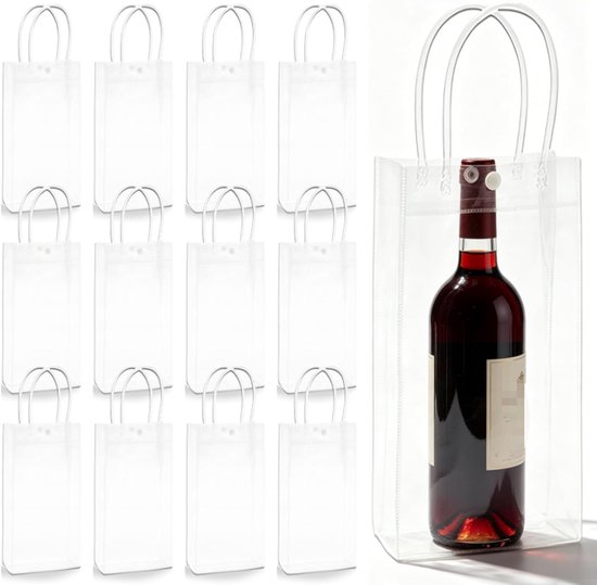 12 stuks flessenkoelers, Ice Bag: 10 x 25 x 10 cm, PVC ijszakken, flessenkoeler, transparante champagnekoeler, lekvrije ijstas met handvat voor koud bier, wijn, dranken, outdoor, camping