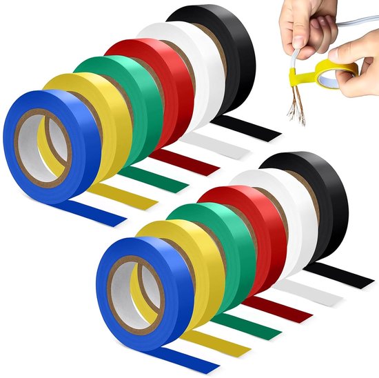 12 stuks isolerende tape, gekleurde set, 16 mm x 20 m, elektrische tape, isolatietape, waterdicht, pvc-plakband voor draadprojecten, isolatie en reparatie van gebroken draden