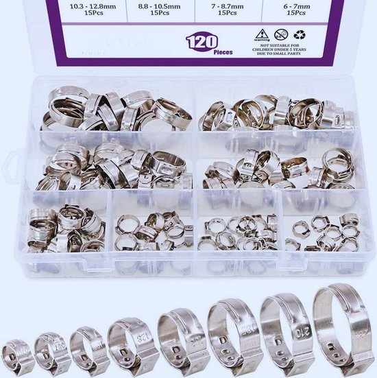 120-Delige Set Van 8 Maten 304 Roestvrij Stalen Slangklemmen Met Oor - Inclusief Krimpslang Klemmen En Montage Gereedschap - Ideaal Voor Auto En Huishoudelijke Apparaten van Merkloos