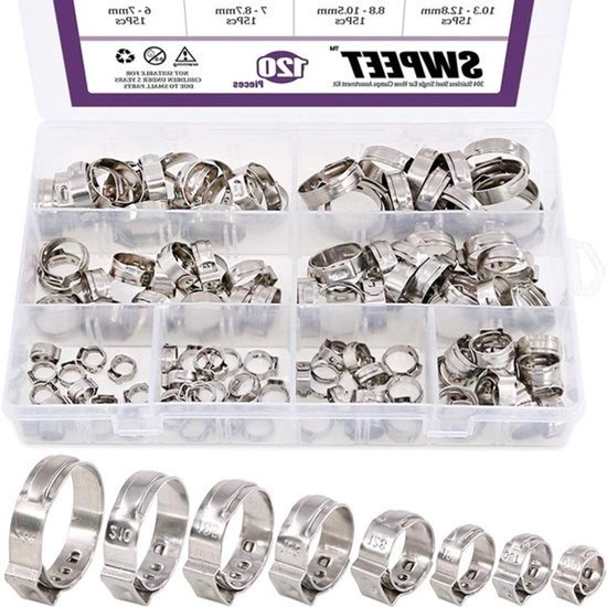 120 Pcs 8 Sizes 304 Stainless Steel Single Ear Hose Clamps - Heat Shrink Hose Clamp Assortment Set - Ear Cinch Rings Crimping Pinch Fitting Tools Perfect for Car - Home Appliances Line