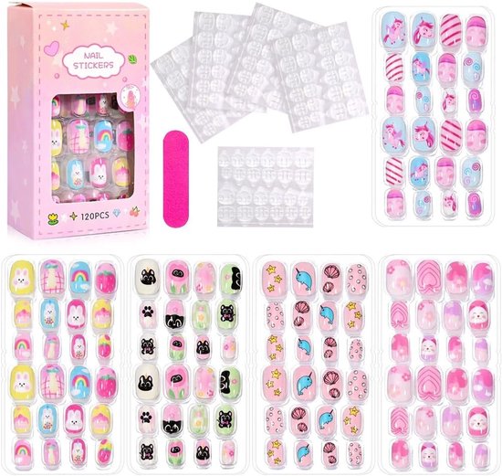 120 stuks kindernagels, nagels om op te drukken, met Jelly lijm, 5 verschillende designs, kunstnagels voor kinderen, mooi cadeau voor meisjes, TD153-6