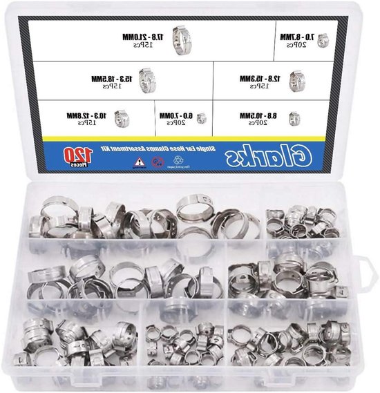 120 stuks RVS enkele oorklemmen assortiment set - Slangklemmen in 7-21mm - Roestvrij staal met 304 kwaliteit van Merkloos