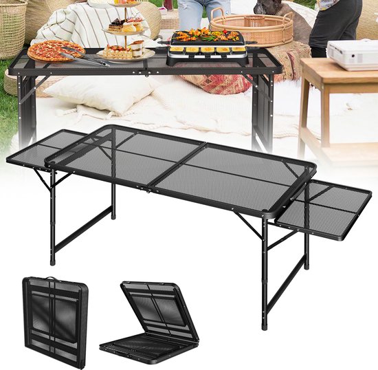 120×60CM Draagbare Hoogte Verstelbare Campingtafel met Metaal Gaasplaat – Licht en Stevig Metaal Frame, Compact Opvouwbaar Ontwerp voor Strand