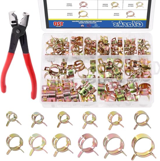 121 stuks 12 maten 7-12 mm veerband clips- brandstof siliconen vacuümslang pijpklem lage druk -luchtclip klembevestigingsmiddelen assortiment kit -met 1 stuk Clic-R slangklem tang van Glarks