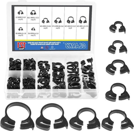 121 stuks 8 maten zware zwarte dubbele grijpende nylon slangklemmen set - kunststof klikratel klemmen assortimentset - 61-261 mm - zwart van MroMax