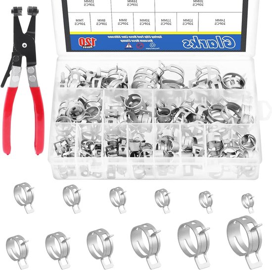 121 stuks veerklemmen assortiment met 12 maten voor siliconen vacuümslangen - brandstofslangklemmen - lage druk luchtclip kit met platte band slangklem & draaibare klemmen van Merkloos