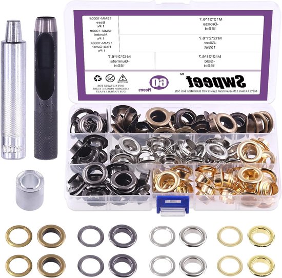 123Pcs - 60 Sets 1/2" (12mm) Dikke Grommets in 4 Kleuren met Wasmachines en Installatietools voor Canvas en Leder Reparatie