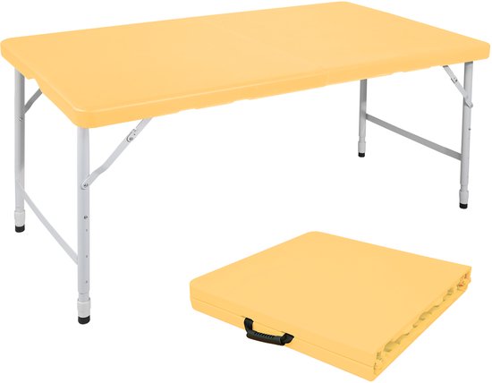 125 cm Robuuste klaptafel (met draaggreep) — In hoogte verstelbaar (58–74 cm) — Draagbare klaptafel — Ideaal voor kamperen, picknicks en binnen-/buitengebruik — 135 kg draagvermogen — Lichtgeel