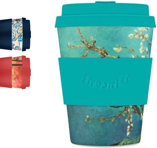 12oz 350ml Van Gogh Collection Reusable Eco-friendly Coffee Cup - Silicone Lid-Sleeve - Dishwasher-Microwave Safe - Almond Blossom Silicone Foldable Cup van Unibuy