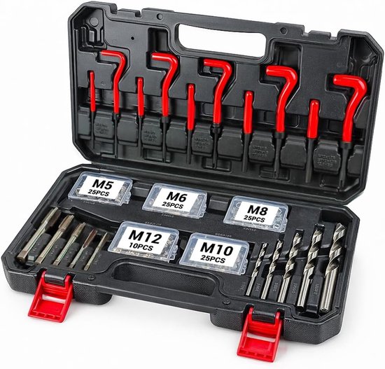 131-delige schroefdraadreparatieset, schroefdraadreparatieset met M5 M6 M8 M10 M12 inzetstukken, hulzen, Helicoil-set, schroefdraadreparatiegereedschap, boorhulzen